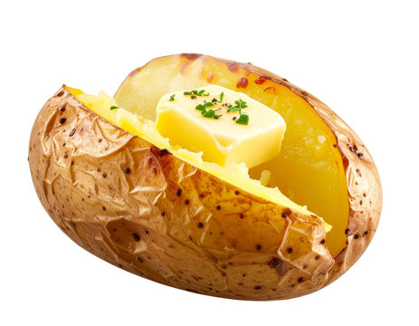 3D Render of Classic Jacket Potato with Butter Melting Inside, isolated on transparent background PNG