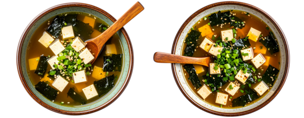 Top View of Miso Soup with Wooden Spoon Resting Across the Bowl, isolated on transparent background PNG