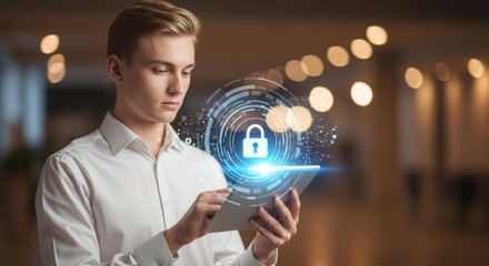 Young Professional Holding Tablet Displaying Cyber Security Digital Lock Symbol and Overlay Effects