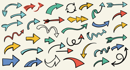 Collection of HandDrawn Arrows in Various Styles and Colors on Beige Background 2.