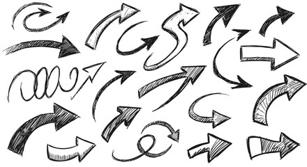 Collection of HandDrawn Arrows in Various Styles and Directions Black and White.