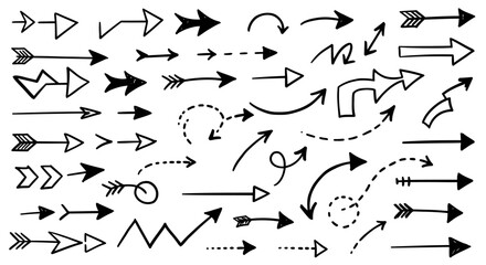 Collection of HandDrawn Black Arrows in Various Styles and Directions 4.