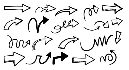 Collection of HandDrawn Black Arrows in Various Styles and Directions on White Background.