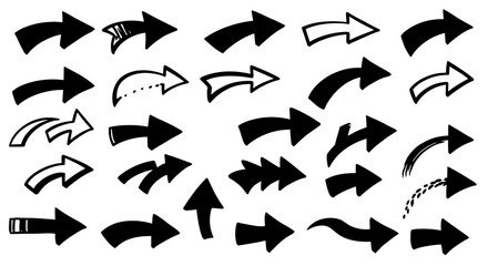 Collection of HandDrawn Black Arrows Pointing in Various Directions and Styles.