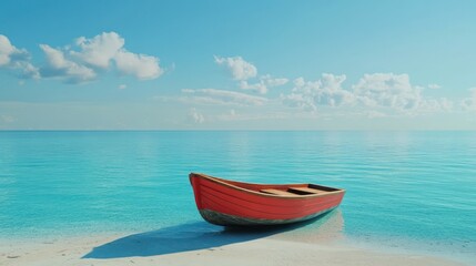 Naklejka premium Red boat on tranquil beach, azure ocean; summer vacation