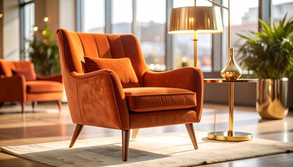 Isolated burnt orange velvet armchair with walnut legs in sunlit showroom.