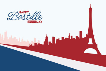 Happy Bastille Day Celebration Vector with Paris Skyline. Flat vector of Bastille Day featuring Paris skyline and Eiffel Tower in French tricolor. Perfect for French national holiday designs.