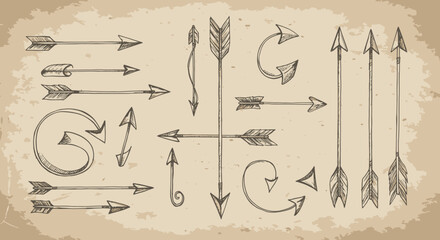 HandDrawn Arrow Collection Vintage Style Arrows and Circular Arrows on Parchment.