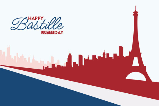 Happy Bastille Day Celebration Vector with Paris Skyline. Flat vector of Bastille Day featuring Paris skyline and Eiffel Tower in French tricolor. Perfect for French national holiday designs.