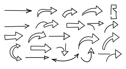 HandDrawn Arrow Set Directional Curved and Straight Black Line Icons.