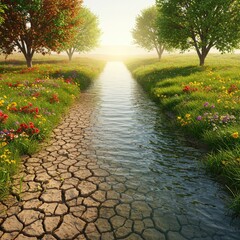 A girl sits by a dry riverbed, streaming water from her hand, surrounded by butterflies and mountains.
