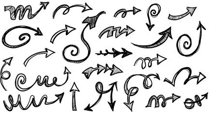 HandDrawn Black Arrows Directional Swirling and Pointing in Various Directions.