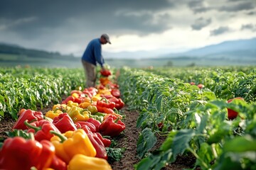 A small farmer harvesting enormous bell peppers in a vast field