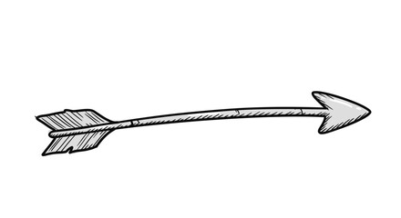 Handdrawn gray arrow with black outline fletching shaft and arrowhead pointing right.
