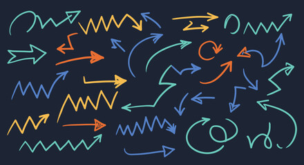 HandDrawn Colorful Arrow Collection on Dark Background Directional Symbols Doodle Style.