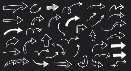 HandDrawn White Arrows on Black Background Directional Doodle Elements.