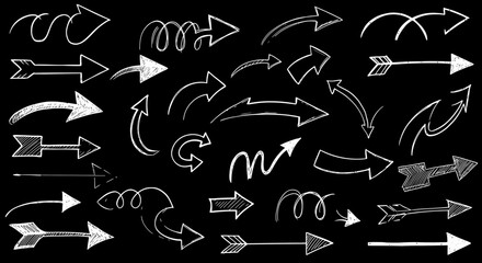 HandDrawn White Arrow Collection on Black Background Directional and Decorative Elements.