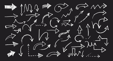 HandDrawn White Arrows Directional Sketchy and Varied Styles on Black Background.