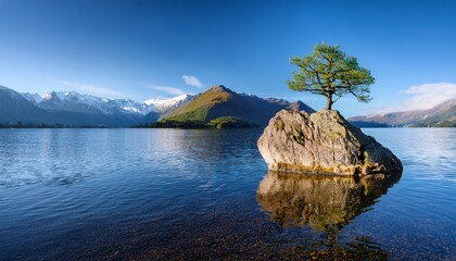 solitary tree on rock in calm lake with mountain background