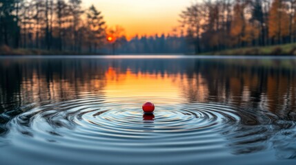 Red fishing bobber on tranquil lake at sunrise