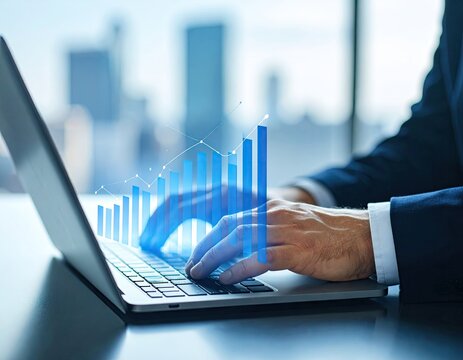 Businessman working on a laptop with a graph overlay