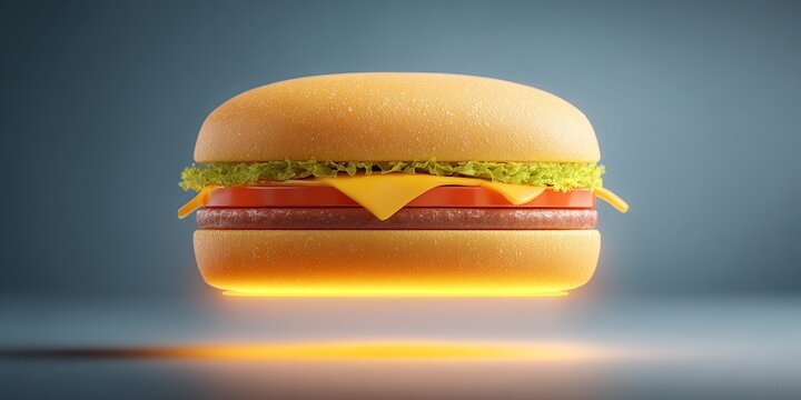 Innovative Food Technology Shaping the Future of Culinary Solutions, A vibrant, stylized hamburger with bright colors and glowing elements, showcasing an appealing food design.