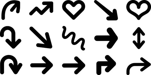 Fototapeta premium Collection of black arrow and heart shapes on white background symbol vector