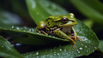 Obraz premium Small green frog on lush leaves