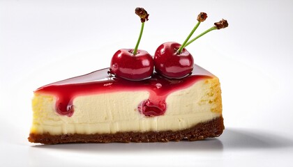 slice of cheesecake topped with cherry glaze and fresh cherries on a white background