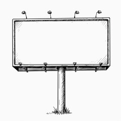 Obraz premium Vintage ink sketch of advertising billboard with empty screen mockup on white background.
