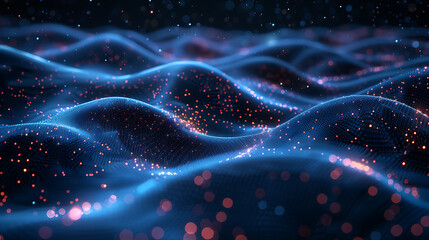 Abstract visualization of dynamic flowing blue and red particles on wavy surface