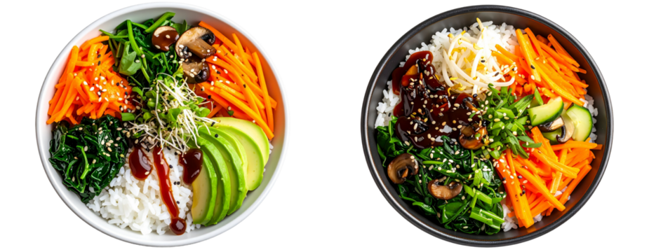  Top View 3D Illustration of Vegetarian Bibimbap with Rice and Vegetables, isolated on transparent background PNG