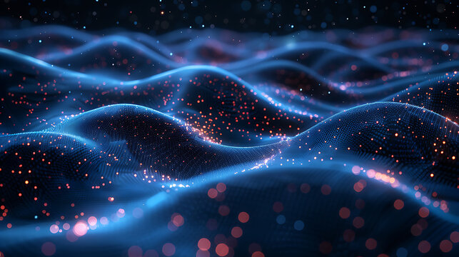Abstract visualization of dynamic flowing blue and red particles on wavy surface