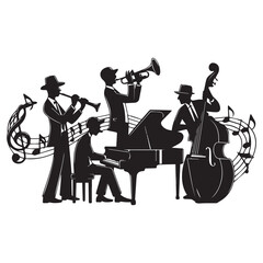 Fototapeta premium Silhouette of a jazz quartet playing instruments with musical notes and treble clef on a white background