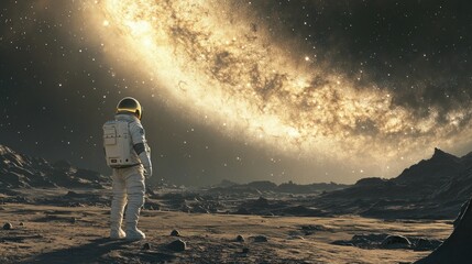 Obraz premium Astronaut on alien planet gazing at galaxy