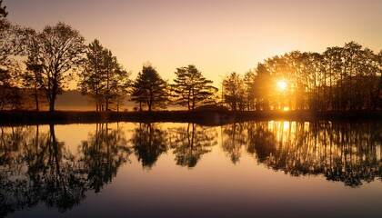 Obraz premium a serene landscape with trees and a golden sunset reflecting on a calm water surface