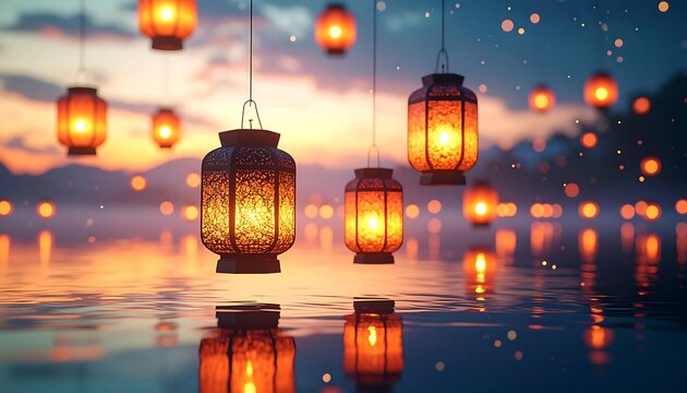 Lanterns float over calm water at sunset