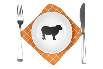 Served table - white plate with a sheep black silhouette, fork knife and napkin, top view. Modern collage style. Illustration on transparent background