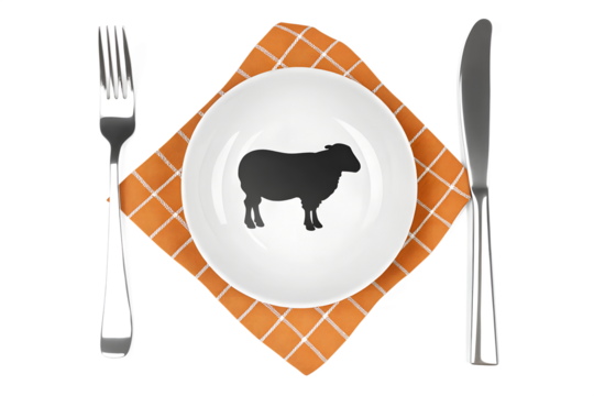 Served table - white plate with a sheep black silhouette, fork knife and napkin, top view. Modern collage style. Illustration on transparent background