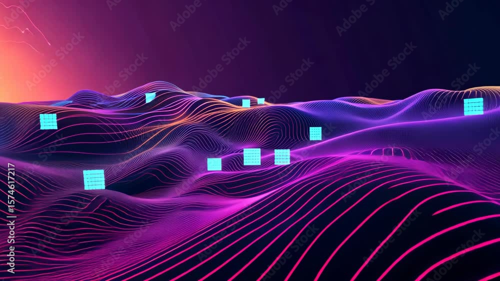 Poster futuristic digital landscape featuring glowing circuit patterns and abstract geometric shapes