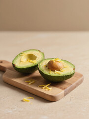 Freshly halved avocado with lemon zest on a wooden board, perfect for healthy recipes or food inspiration.