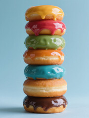 A vibrant stack of donuts with colorful glazes in yellow, red, green, orange, blue, and brown, set against a light blue background.
