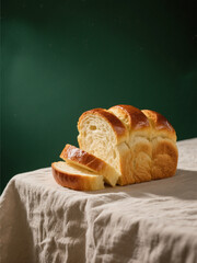Golden braided bread on a white cloth, with two slices cut, set against a dark green background. Perfect for food photography lovers.