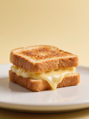 Golden-brown grilled cheese sandwich with gooey melted cheese on a white plate, set against a soft yellow background.
