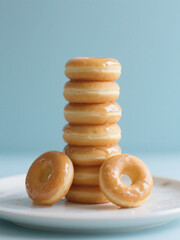 A stack of mini glazed donuts on a white plate with a light blue background, showcasing their golden brown color and shiny glaze.