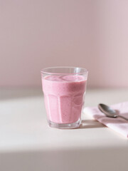 A creamy pink smoothie in a clear glass, paired with a spoon on a pink napkin, set against a soft pink background.