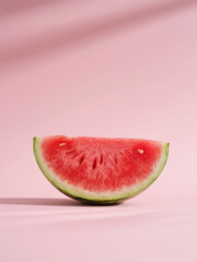A fresh watermelon slice on a pink background, showcasing its vibrant red flesh and green rind in a minimalistic setup.
