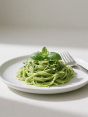 Delicious spaghetti with fresh green pesto, garnished with basil and microgreens, served on a white plate with a fork on the side.