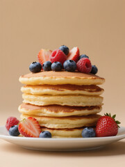 A stack of fluffy pancakes topped with fresh blueberries, raspberries, and strawberries on a white plate against a beige background.