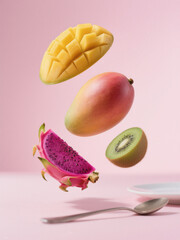 Floating tropical fruits including mango, dragon fruit, watermelon, and kiwi against a pastel pink background. Vibrant and fresh!